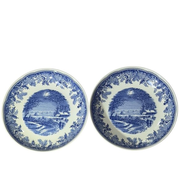 Spode Winters Eve Blue & White 9" Round Camilla Individual Pasta Bowls - Picture 8 of 11